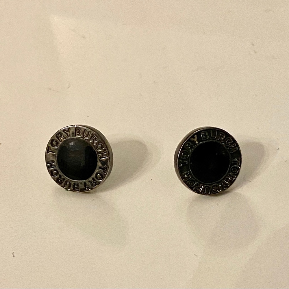 Tory Burch Black and Silver Logo Stud Earrings